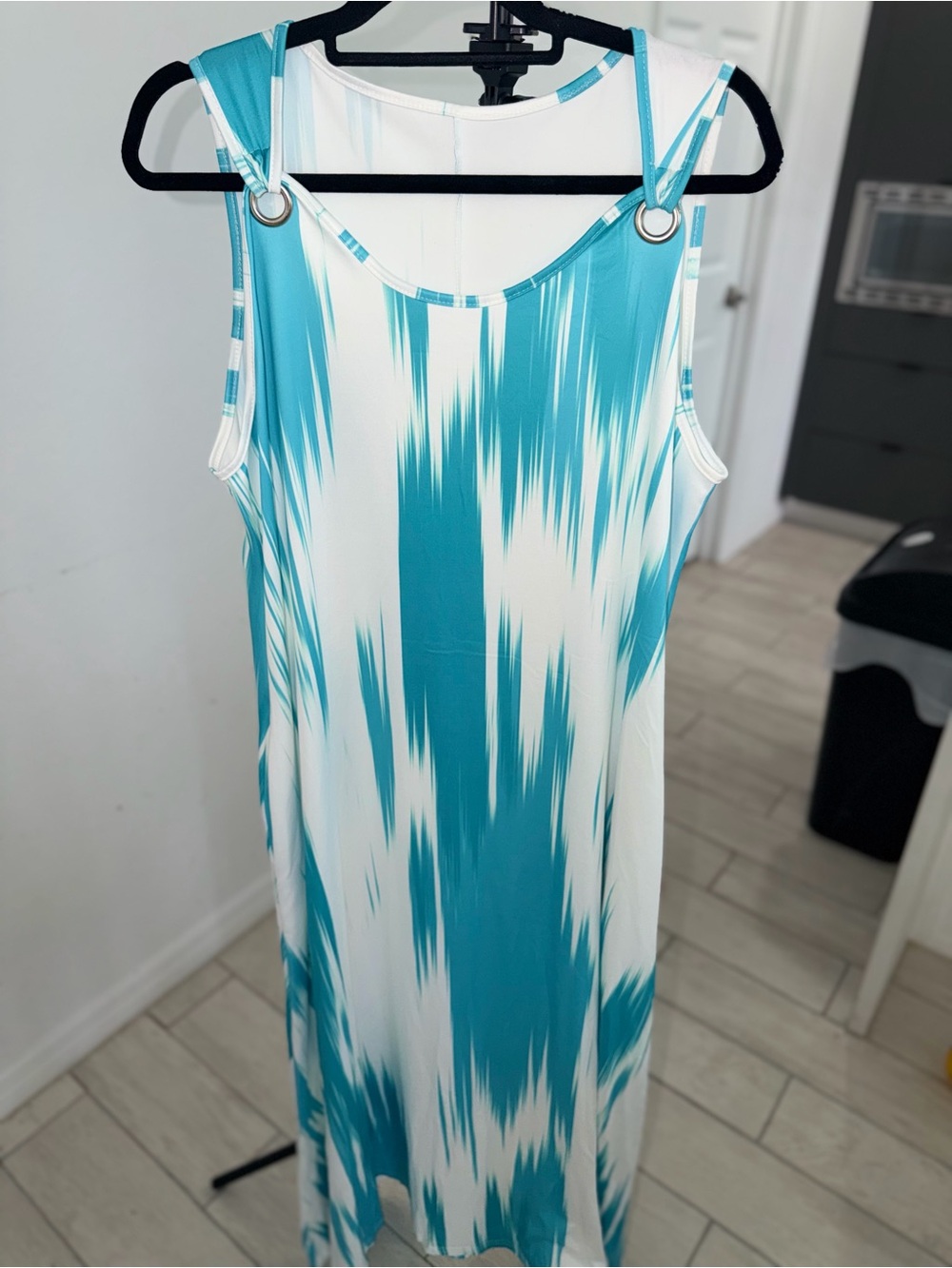 Sleeveless Teal & White Maxi Dress with Ring-Detail Straps